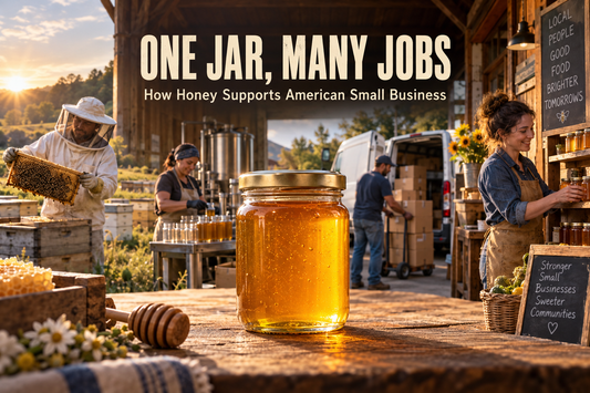 A jar of American honey surrounded by beekeepers, bottling workers, delivery professionals, and local retailers.